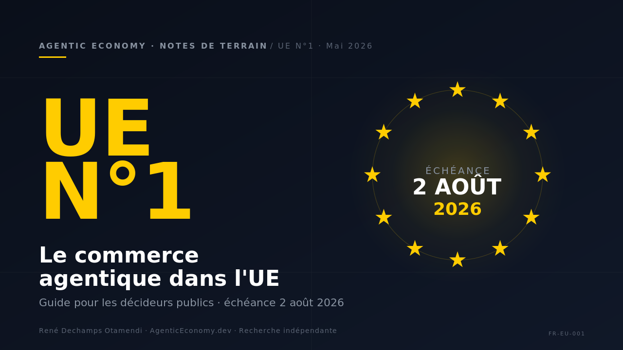 Note de terrain UE N°1 — Le commerce agentique dans l'UE. Douze étoiles européennes en anneau, échéance « 2 AOÛT 2026 » au centre, fond bleu marine.