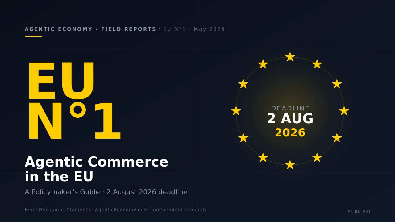 EU Field Report N°1 — Agentic Commerce in the EU. Twelve EU stars in a ring, 2 AUG 2026 deadline in the centre.